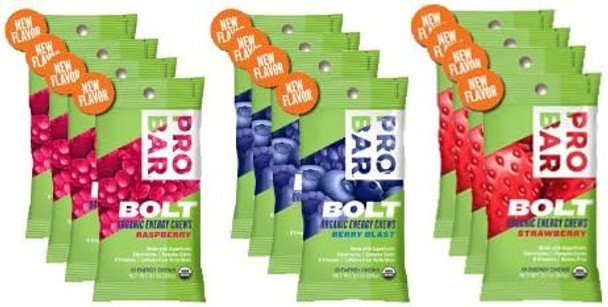 Probar Bolt Organic Energy Chews Bundle Strawberryberry Blast And Raspberry Four Of Each Flavor Box Of 12
