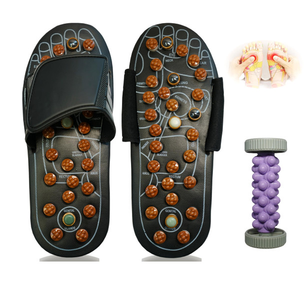 Acupressure Sandals,Acupressure Foot Massager with Anti-Slip Sole,Plantar Fasciitis Relief with Imitate Person Rotation Finger Pressure (Black, M-Women(7-8.5)/Men(6-7.5)