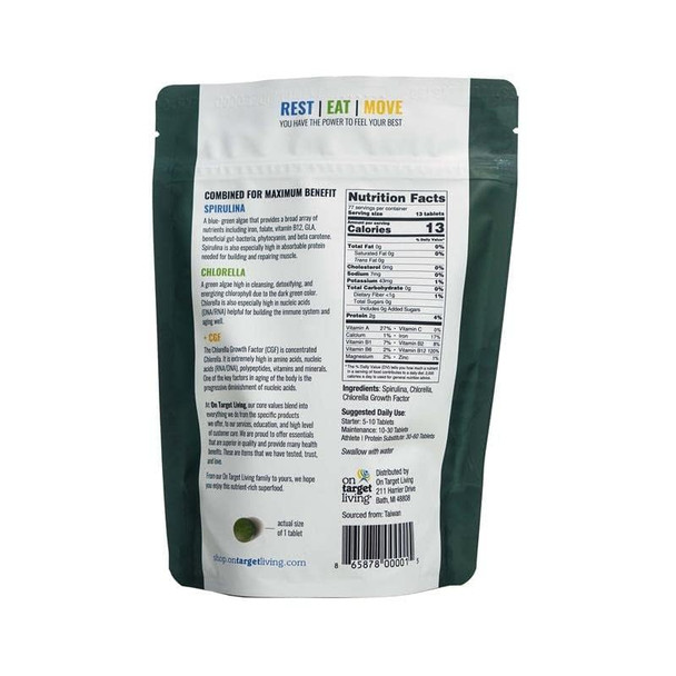 On Target Living Spirulina Chlorella + CGF  1000 Supergreen Tablets  Vegan  Immune Support  High in Protein  Alkalyzing  Nutrient Dense  Energy  Recovery