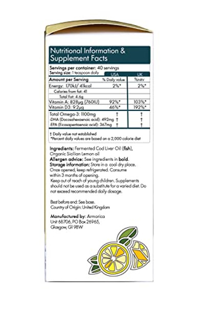 Fermented Cod Liver Oil  Cold Processed Lacto Fermented and Raw Cod Liver Oil  Made Exclusively with Atlantic Cod Sicilian Lemon Organic 200ml 6.67Fl oz