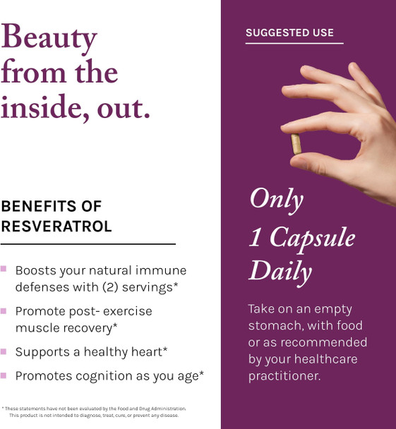 Reserveage Beauty, Resveratrol 500 mg, Antioxidant Supplement for Heart and Cellular HealtSupports Healthy Aging and Immune System Paleo Keto 60 Capsules
