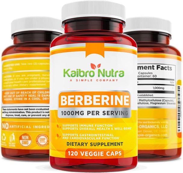 Kaibro Nutra Berberine 500mg (1000mg Per Serving) for Supports Healthy Immune Function, Anti-oxidant,Gastrointestinal & Overall Wellness - 120 Capsules