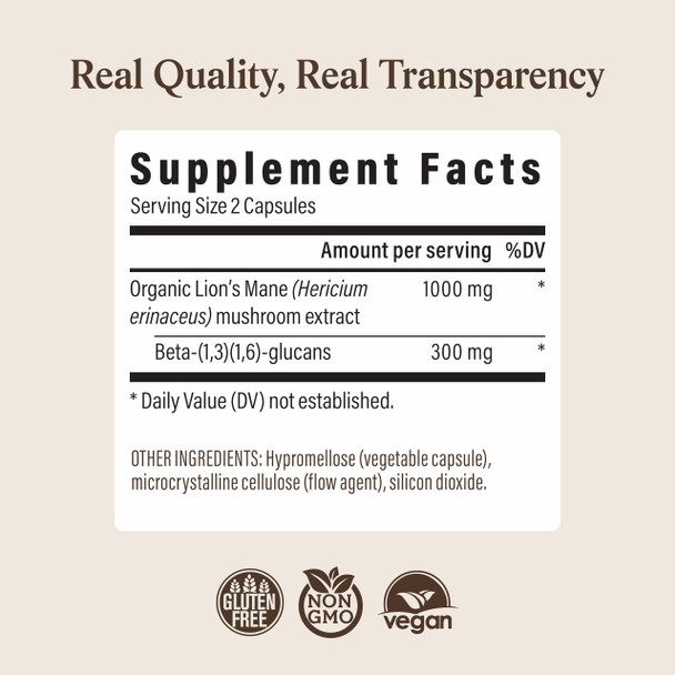 Real Mushrooms Lions Mane Mushroom Cognition (120 Capsules) Lions Mane Mushroom Powder Extract Capsules | Brain Supplement, Brain Vitamins, Focus Supplement