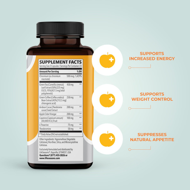 LifeSeasons Metabolism  Weight Control Support & Energy Boosting Supplement Natural Appetite Suppressant  Curbs Cravings Green Tea Coffee Bean Chromium  Cacao & Theobromine  70 Capsules