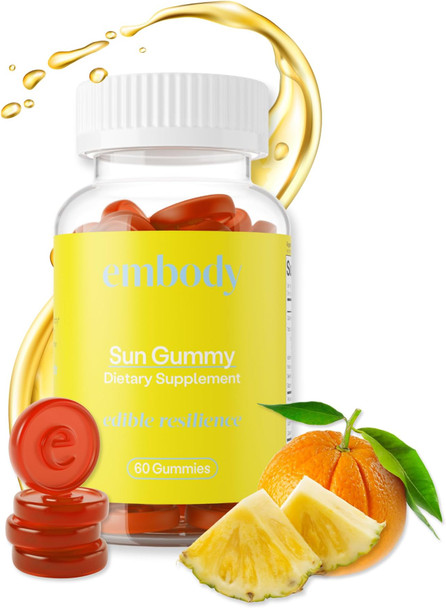 Embody Antioxidant Sun Gummy Orange Pineapple Flavor Fern Extract Supplement for Anti Aging Dark Spots Healthy Skin  Promotes Collagen Production Vitamin C Selenium (60 Count Orange Pineapple)