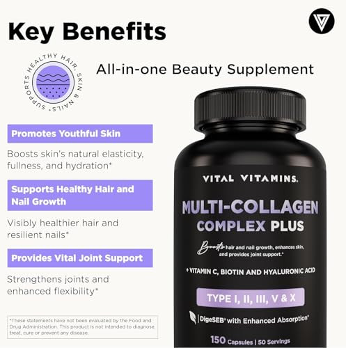 Vital Vitamins Multi Collagen Plus 2 Pack with Biotin Hyaluronic Acid Vitamin C  Type I  II  III  V  X  for Women and Men Hair Skin Nails Beauty Complex  300 Capsules