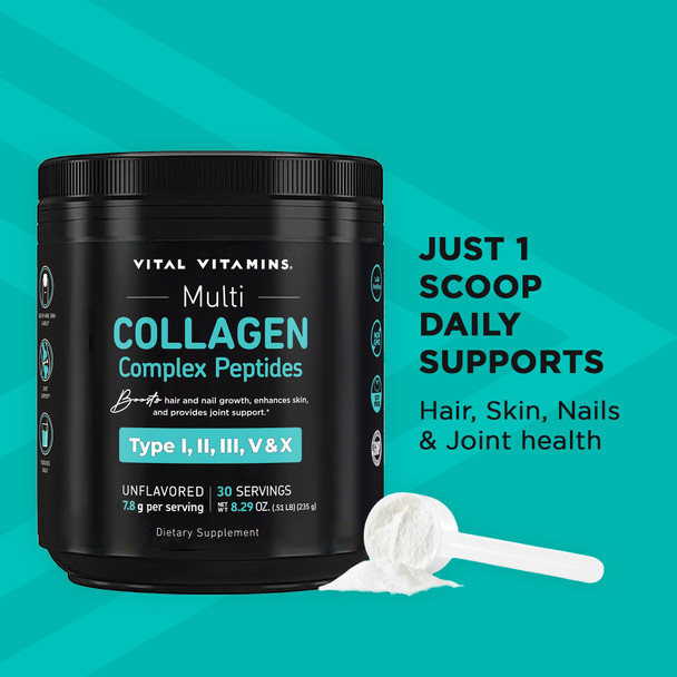 Vital Vitamins Multi Collagen Peptides Powder Unflavored, Easy to Dissolve Type I II III V X for Women and Men Promotes Hair Skin Nails and Joint Health  30 Servings