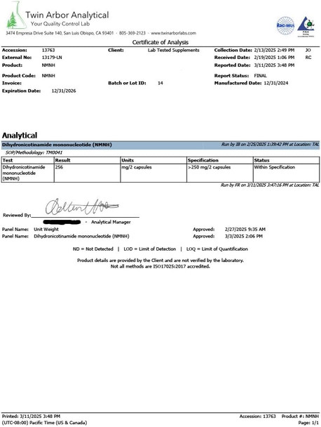 Lab Tested Supplements NMNH UthPeak  NAD Booster  Dihydronicotinamide Mononucleotide  3rd Party COA Provided 250 mg per Serving  60 125mg Capsules