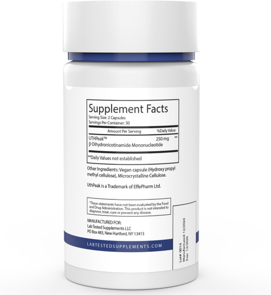 Lab Tested Supplements NMNH UthPeak  NAD Booster  Dihydronicotinamide Mononucleotide  3rd Party COA Provided 250 mg per Serving  60 125mg Capsules