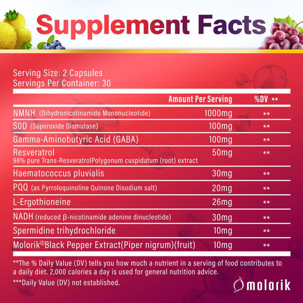 molorik NMNH  Dihydronicotinamide Mononucleotide 1000mg Per Serving NAD High Purity Supplement Alternative  120 Capsules Gluten Free Non GMO  for Anti  Aging  Energy Focus  60 Servings
