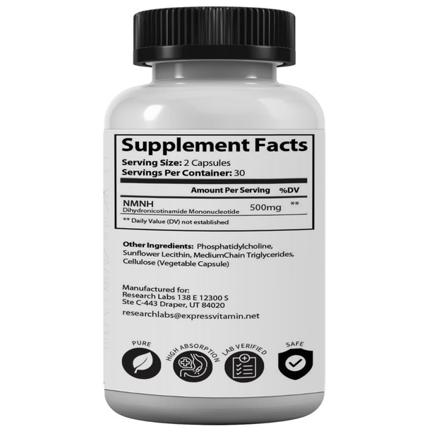 Research Labs Liposomal NMNH NMN Supplement Alternative 500mg Per Serving 60 Capsules Dihydronicotinamide Mononucleotide  NAD Supplement to Boost NAD Levels for Anti Aging