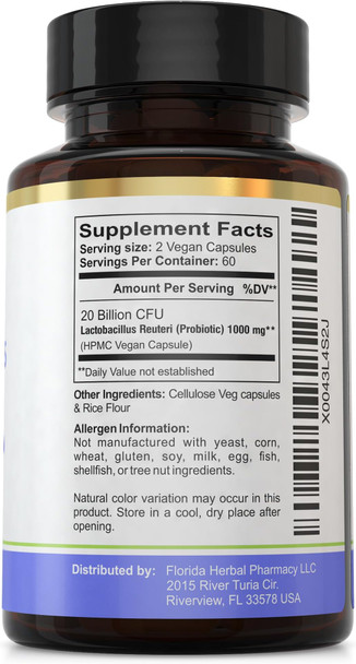 Florida Herbal Pharmacy Lactobacillus Reuteri (Probiotic) Supplement Capsules 20 Billion CFU 1000 mg Serving 500 mg per Capsule (120 Capsules) (Pack of 1)