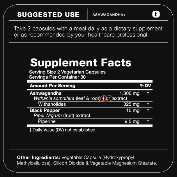 Toniiq Ashwagandha Ultra High Potency 40:1 Extract with 25% Withanolides  Wild Harvested in India  Highly Concentrated & Third-Party Lab Tested  60 Capsules