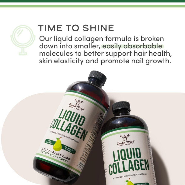 Double Wood Supplements Liquid Collagen  2500mg of Hydrolyzed Bovine Collagen Type 1 3 and Grassfed  32 Servings  for Women and Men  30 mcg of Biotin Sugar Free Pear Flavor