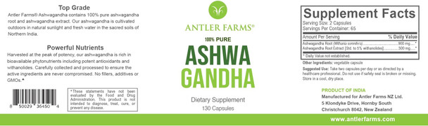 Antler Farms  100% Pure Ashwagandha Root and Ashwagandha Root Extract 130 Capsules 1200mg  Standardized to 5% withanolides Enhances Mental Performance Energy and Immunity