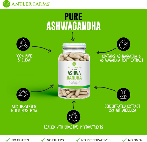 Antler Farms  100% Pure Ashwagandha Root and Ashwagandha Root Extract 130 Capsules 1200mg  Standardized to 5% withanolides Enhances Mental Performance Energy and Immunity