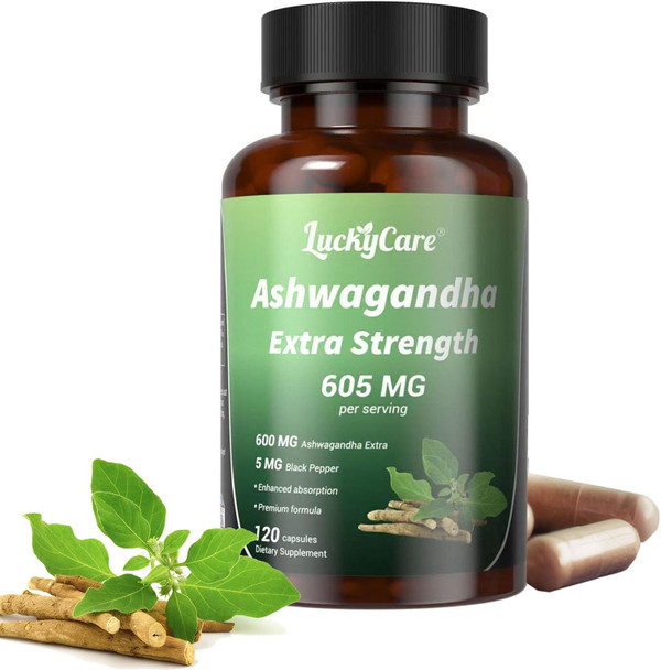Luckycare  Ashwagandha Capsules 600mg  Extra Strength Root Extract with Black Pepper  Vegan Non GMO Supplement  Made in USA 120 Capsules