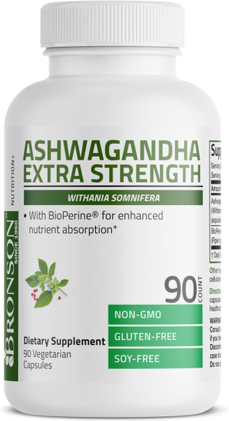 Bronson Ashwagandha Extra Strength Stress & Mood Support with BioPerine  Non GMO Formula 90 Vegetarian Capsules