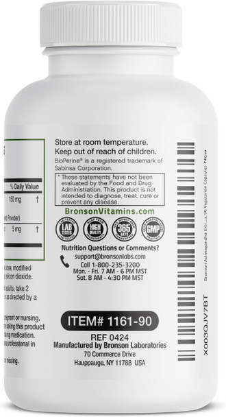Bronson Ashwagandha Extra Strength Stress & Mood Support with BioPerine  Non GMO Formula 90 Vegetarian Capsules