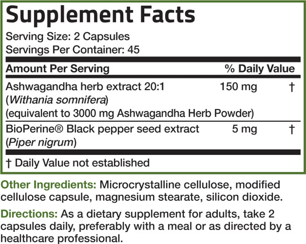 Bronson Ashwagandha Extra Strength Stress & Mood Support with BioPerine  Non GMO Formula 90 Vegetarian Capsules