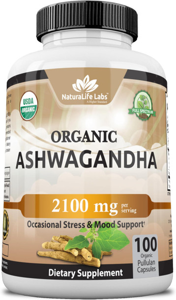 NaturaLife Labs Organic Ashwagandha 2,100 mg  100 Veggie Capsules Pure Organic Ashwagandha Powder and Root Extract  Stress Relief Mood Enhancer