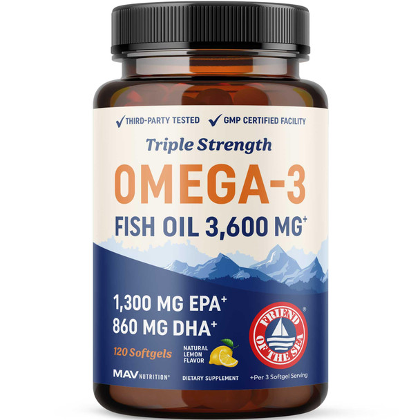 Triple Strength DHA Omega 3 Fish Oil 3600 mg  Over 2100mg Omega-3 Fatty Acids with 860mg of DHA  1300mg EPA  Best Essential Fatty Acids  Premium Wild Caught & Burpless Fish Oil  120 Softgels