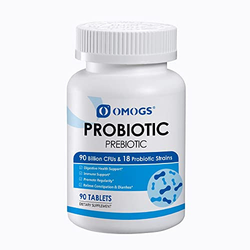 OMOGS Probiotics 90 Billion CFUs 18 Strains with 3 Organic Prebiotics and Vitamin C Nutritional Supplement for Women Men and Kids Support Metabolism Immunity and Digestive Health Non GMO 90 Tablets