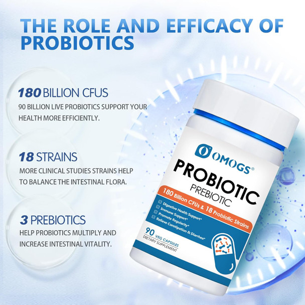 OMOGS Probiotics 90 Billion CFUs 18 Strains with 3 Organic Prebiotics and Vitamin C Nutritional Supplement for Women Men and Kids Support Metabolism Immunity and Digestive Health Non GMO 90 Tablets
