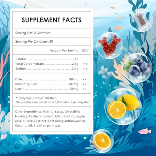 OMOGS Childrens DHA Blueberry Flavoured Gummies with Lutein Omega 3 and Vitamin C Algae DHA for Eye Health Brain Health and Healthy Immunity Gluten Free Vegan 60 Gummies