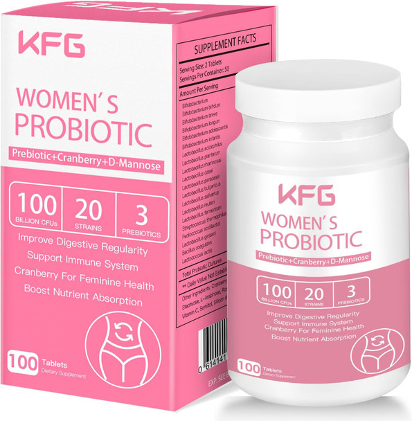 KFG Women's Probiotic 100 Billion CFUs 20 Strains with Organic Prebiotics Cranberry & D Mannose for Boost Immune Digestive Gut Vaginal & Urinary Health Gluten Dairy & Soy Free 100 Tablets.