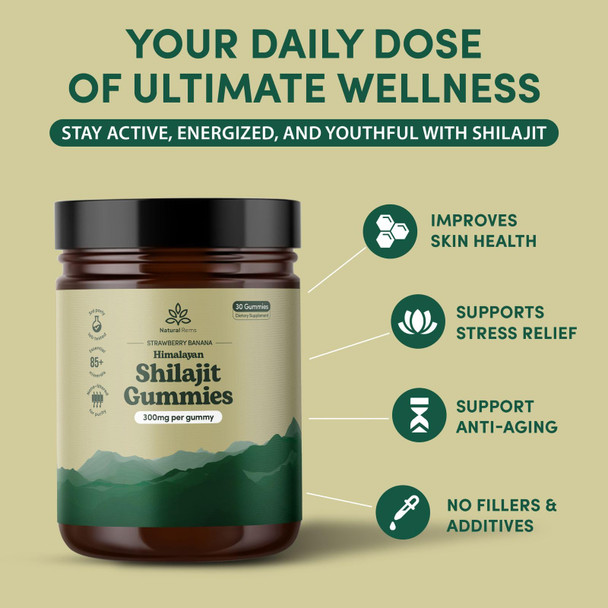 Organic Shilajit Gummies for Men and Women - Lab Tested - Made in USA - Pure Himalayan Organic - Fulvic Acid - Energy and Focus - Holistic Health Supplements (Strawberry Banana) 30 gummies