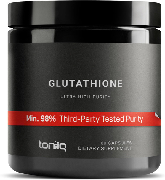 Toniiq Ultra High Strength Glutathione Capsules  1000mg Concentrated Formula  98% Highly Purified and Bioavailable  Non GMO Fermentation  60 Capsules Reduced Glutathione Supplement