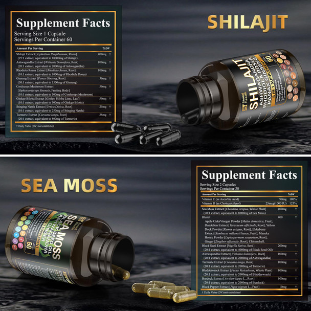 Sound Health Supplements Wild Organic Irish Sea Moss and Shilajit - 8000mg Sea Moss 10000mg Shilajit Ashwagandha 2000mg Ginseng Vitamin C Vitamin D3 Black Seed Oil - 2 Bottles of 60 Capsules