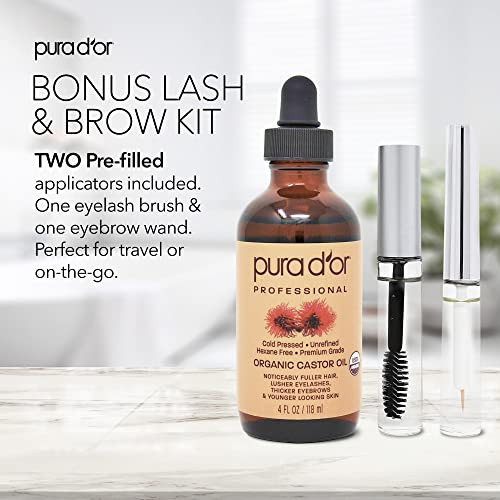 Pura D'Or Organic Castor Oil (4Oz + 2 Bonus Pre-Filled Eyelash & Eyebrow Brushes) 100% Pure & Organic Moroccan Argan Oil (4Oz / 118Ml) Usda