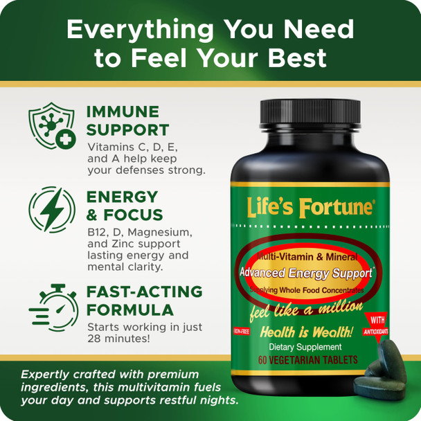 Life's Fortune Multivitamin & Mineral 60 Tablets All Natural Energy Source Supplying Whole Food Concentrates Antioxidants Amino Acids Enzymes Trace Minerals & More