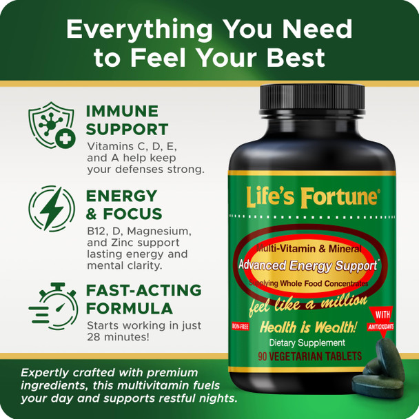 Life's Fortune Multivitamin All Natural Energy Source Supplying Whole Food Concentrates Antioxidants Amino Acids Enzymes Trace Minerals & More 90 Count
