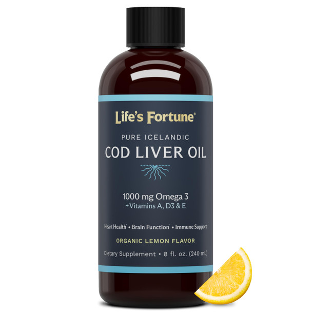 Life's Fortune Organic Cod Liver Oil Liquid Lemon Flavor Supplement - High Potency Fish Oil Omega 3 DHA & EPA Vitamin A E & D3 - Immune Health Joints GMO Free 1000 mg (8 Oz)