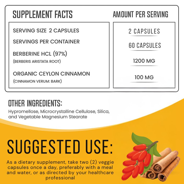 K2 Organics Berberine with Ceylon Cinnamon 1200mg  97% Purity Non GMO Gluten Free Lab Tested Vegan Berberine Supplement (60 Count)