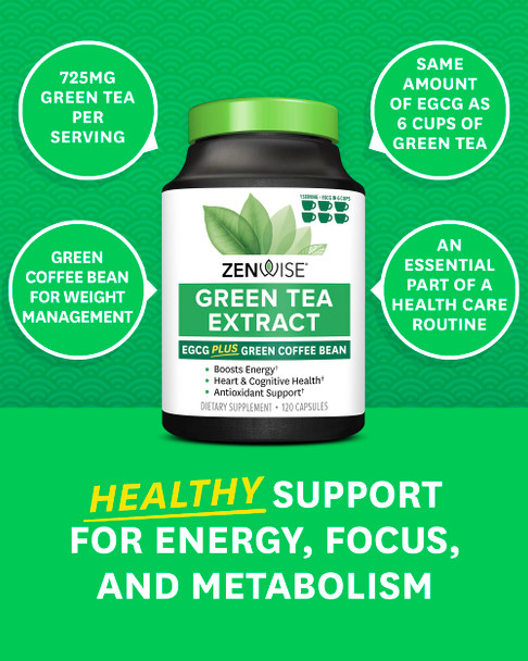 Zenwise Health Green Tea Extract with Green Coffee Bean Extract - Vegan Skin & Heart Support + Brain Health & Memory Boost - 120 Count