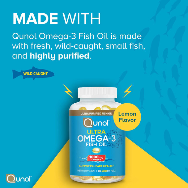 Qunol Fish Oil Omega 3 Mini Softgels 1000mg Omega 3 EPA + DHA Ultra Pure Supplements Heart Health Support Lemon Flavor Easy to Swallow Minis 3 Month Supply 180 Count