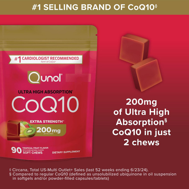Qunol CoQ10 200mg Soft Chews Extra Strength & Ultra High Absorption Coenzyme Q10 Supplement #1 Cardiologist Recommended Supplement for Heart Health 90 Count