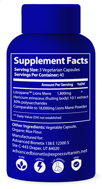 Advanced Bionetix Organic Lions Mane Supplement 120 Capsules Brain Support Nootropic Immune System Support Mushroom Supplement 10X Extract Similar to 18,000mg Contains Patent Pending Litropane
