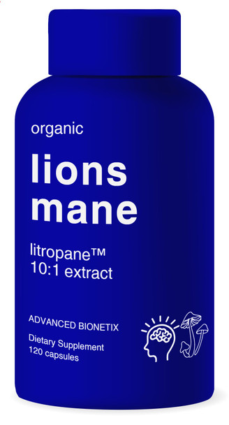 Advanced Bionetix Organic Lions Mane Supplement 120 Capsules Brain Support Nootropic Immune System Support Mushroom Supplement 10X Extract Similar to 18,000mg Contains Patent Pending Litropane