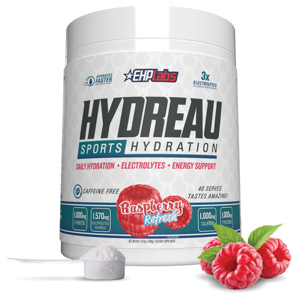 EHP Labs Hydreau Electrolytes Powder No Sugar  Hydration Powder for Endurance and Energy  Electrolyte Powder for Men and Women  Sugar Free Electrolytes  Raspberry Refresh 40 Serves
