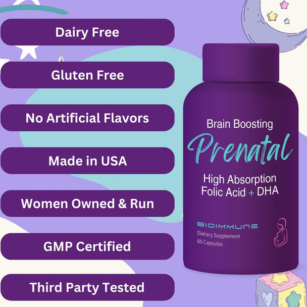 BioImmune Ultra Strength Bio Available Prenatal Vitamins for Women Naturally Occurring Methylated Folate Folic Acid DHA Omega 3 Supports Brain Development Healthy Fetal Development