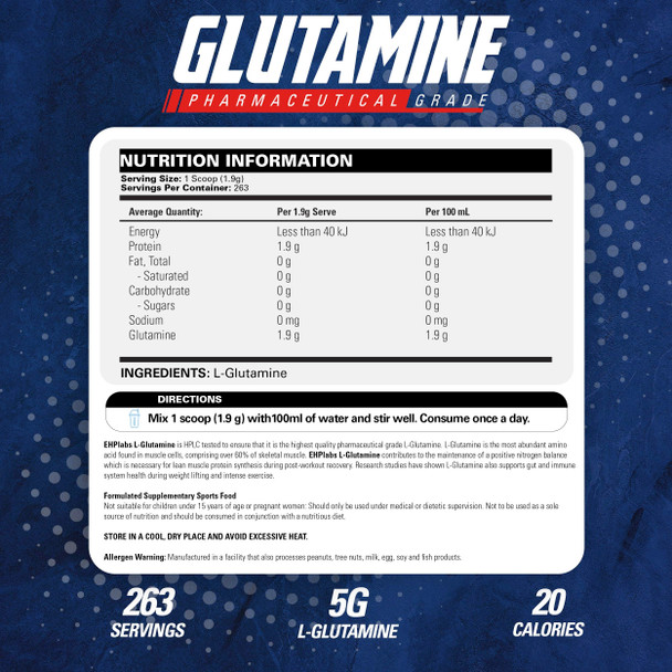 EHP Labs L Glutamine Powder Amino Acids  L Glutamine Workout Recovery Immune Health and Gut Health Support 500g 100 Servings