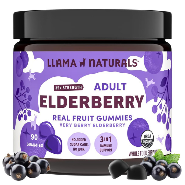 Llama Naturals Elderberry Gummies for Adults Vegan Organic Immune Support Supplement with Vitamin C and Zinc Real Fruit Gummy Vitamins for Immunity Chewable No Added Sugar Cane 90 Ct