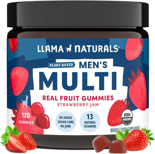 Llama Naturals Multivitamin for Men Vegan Organic Gummies with Vitamin D C and K Men's Real Fruit Gummy Vitamins Chewable Multivitamin Supplement No Added Sugar Cane Strawberry 120 Ct