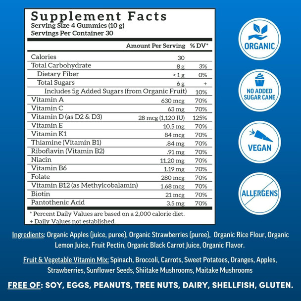Llama Naturals Multivitamin for Men Vegan Organic Gummies with Vitamin D C and K Men's Real Fruit Gummy Vitamins Chewable Multivitamin Supplement No Added Sugar Cane Strawberry 120 Ct