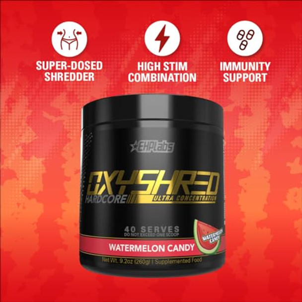EHP Labs OxyShred Hardcore Super Dosed Pre Workout Powder  Preworkout Powder with L Glutamine and Acetyl L Carnitine Energy Boost Drink 275mg of Caffeine Watermelon Candy 40 Servings